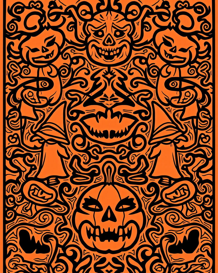 Spooky Orange Halloween Jack O Lantern Bat Rug