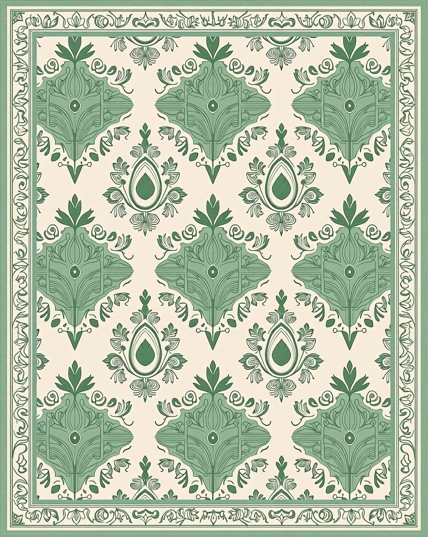 Mint Green Damask Floral Border Rug