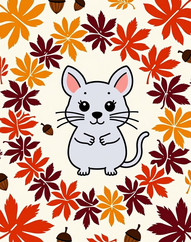 Cute Gray Mouse Autumn Leaf Border Rug