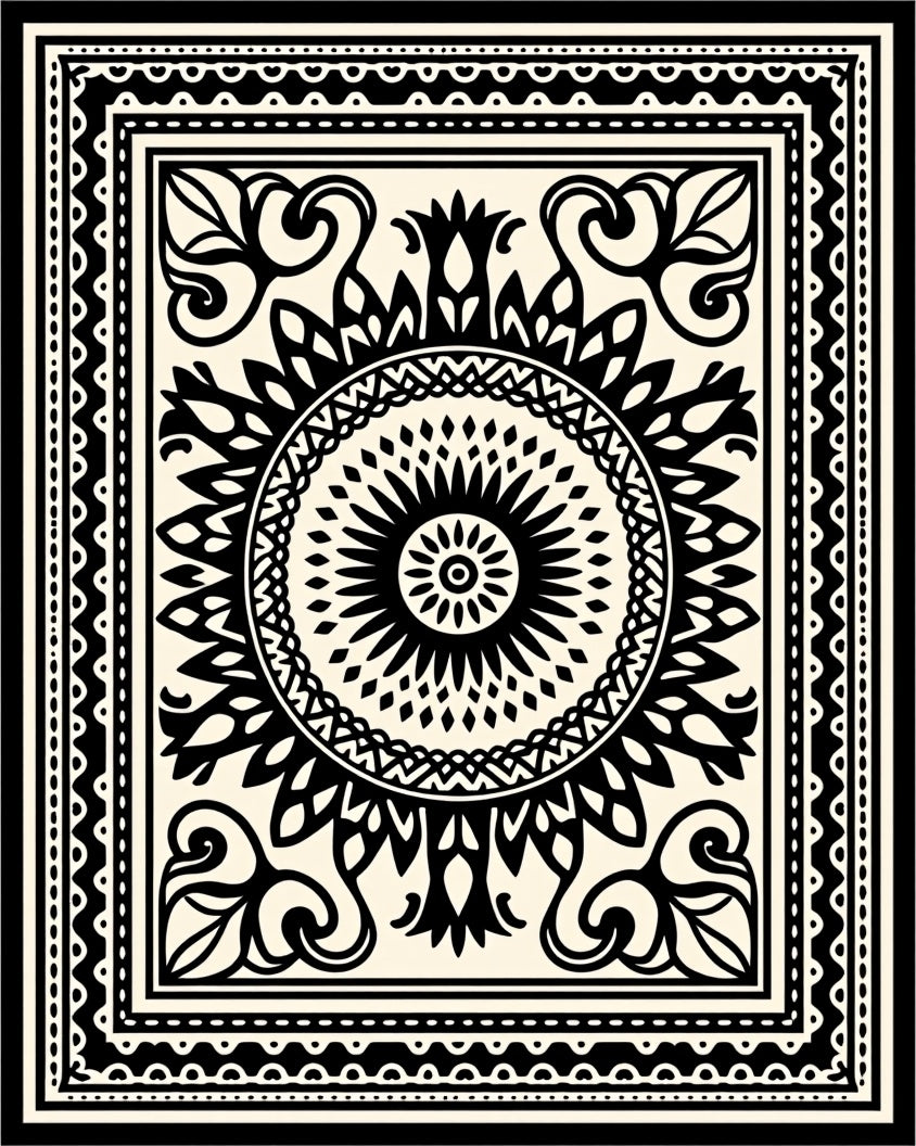 Black Cream Mandala Sunburst Border Rug