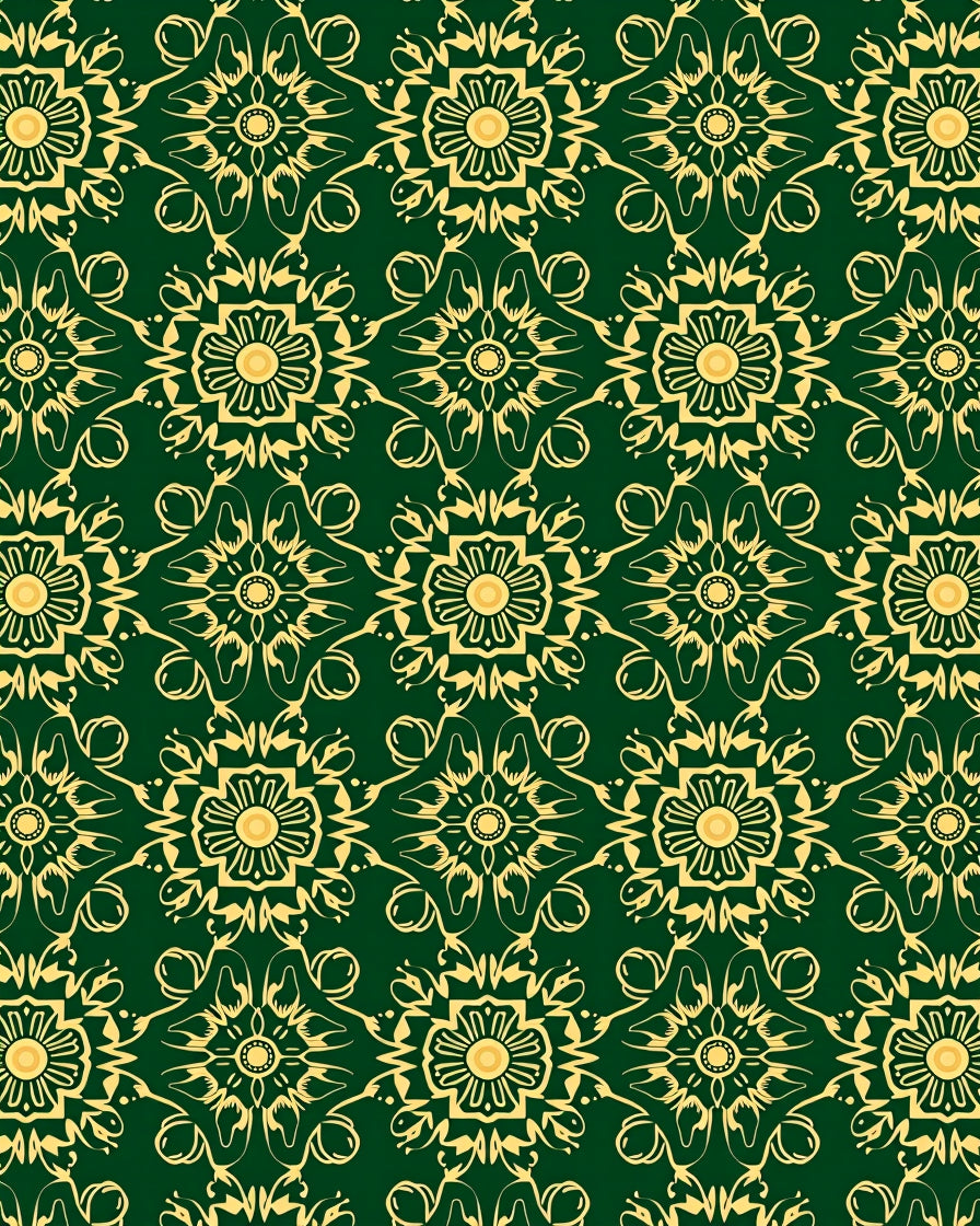Emerald Green Gold Floral Medallion Layout Rug
