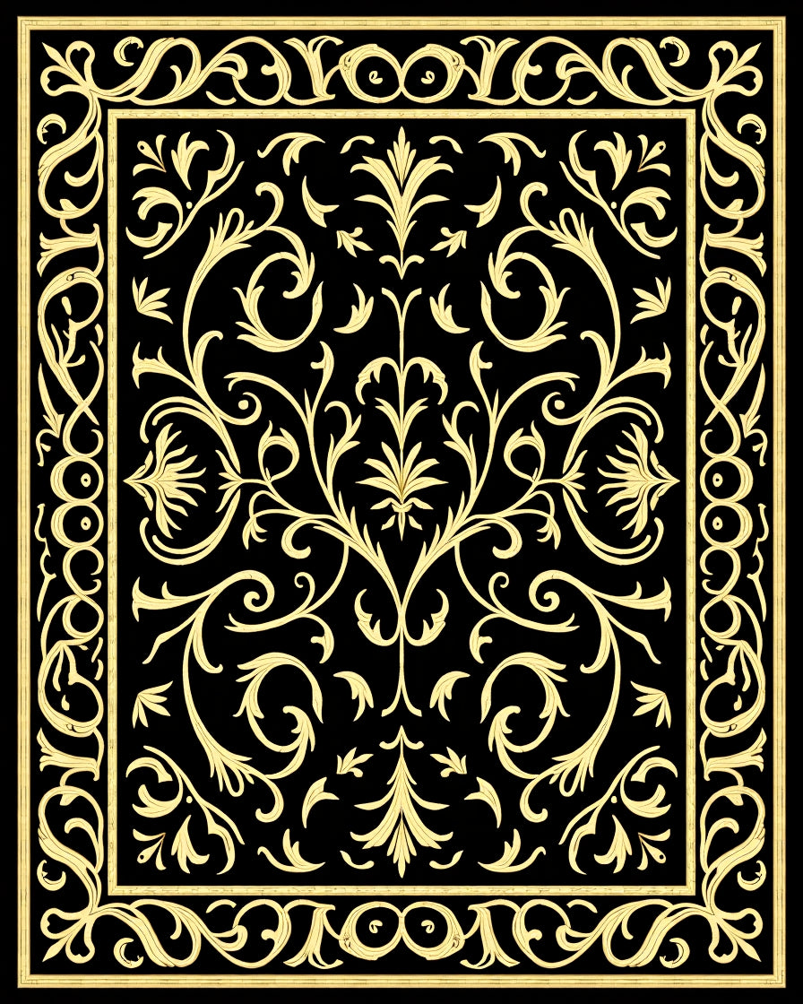 Black Gold Elaborate Floral Scroll Rug