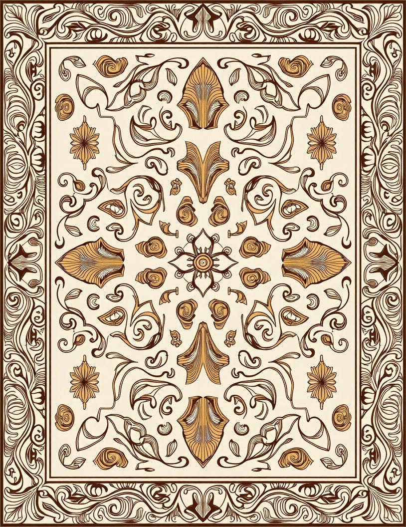 Ornate Brown Floral Medallion Art Nouveau Rug