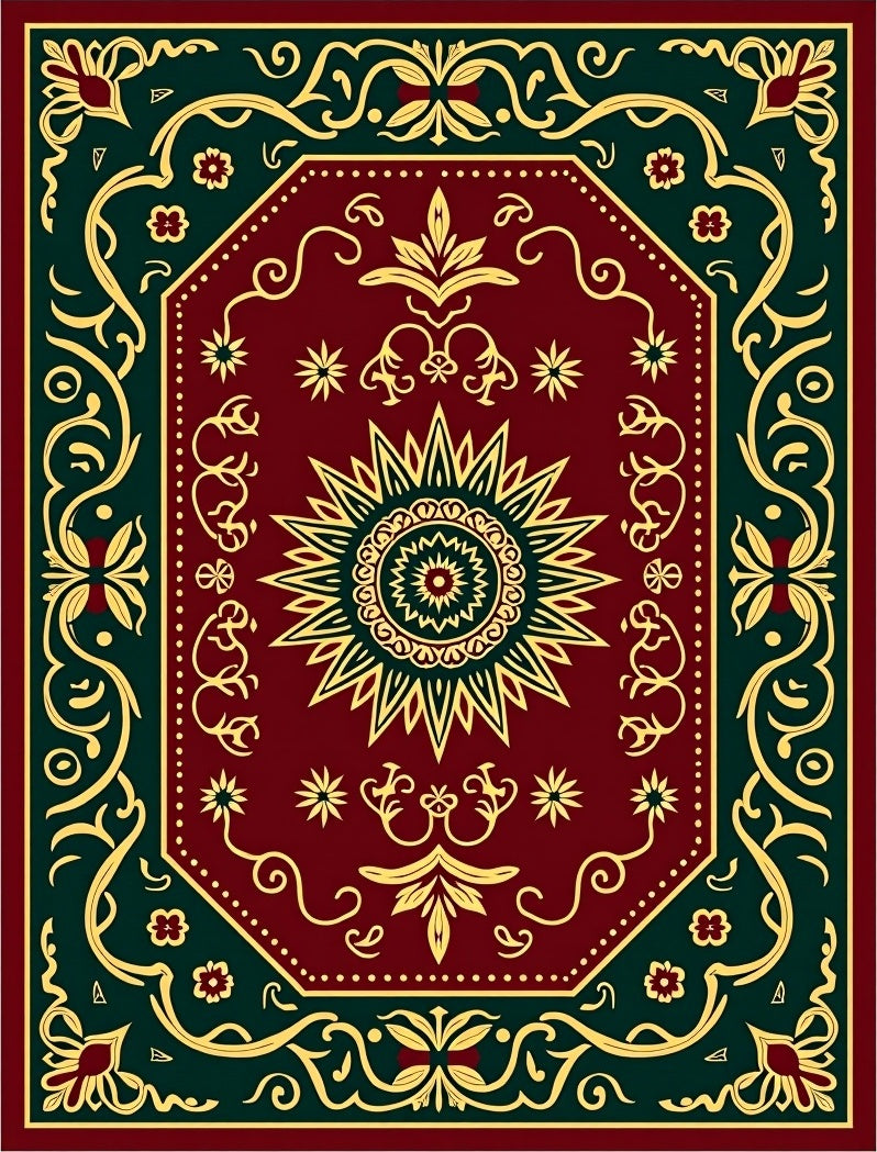 Crimson Gold Octagon Sunburst Border Rug