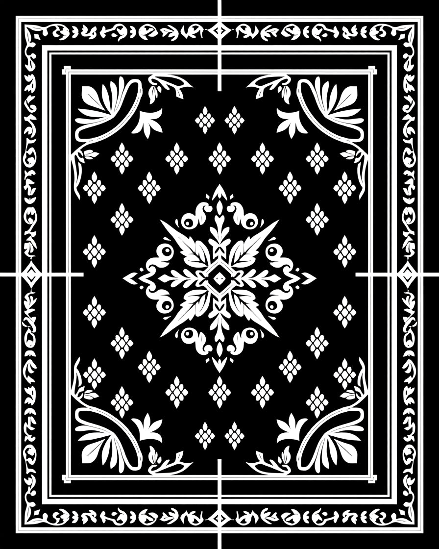 Ornate Black White Floral Square Rug