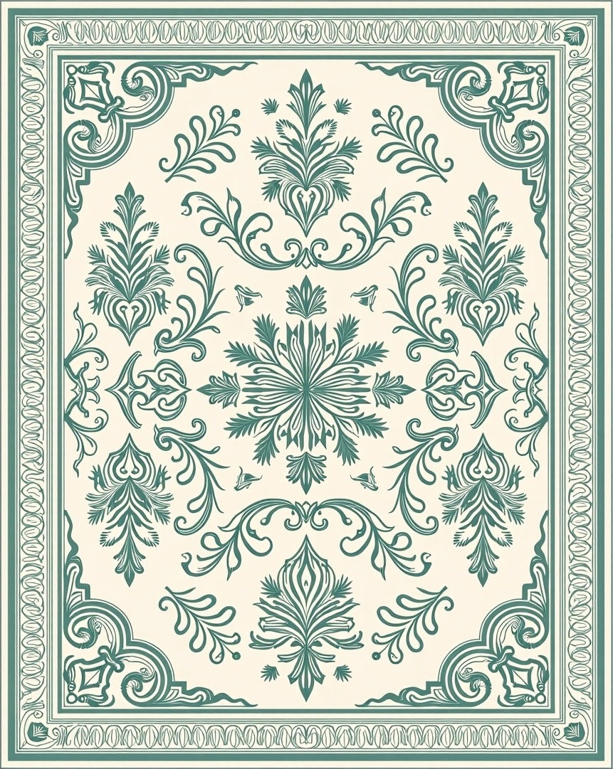 Victorian Teal Floral Medallion Border Rug