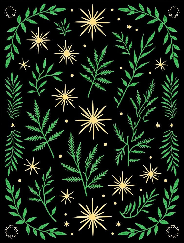 Green Botanical Starburst Black Rug
