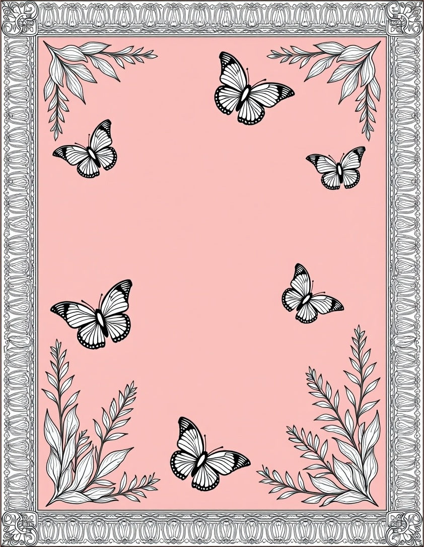 Pink Butterfly Garden Outline Border Rug