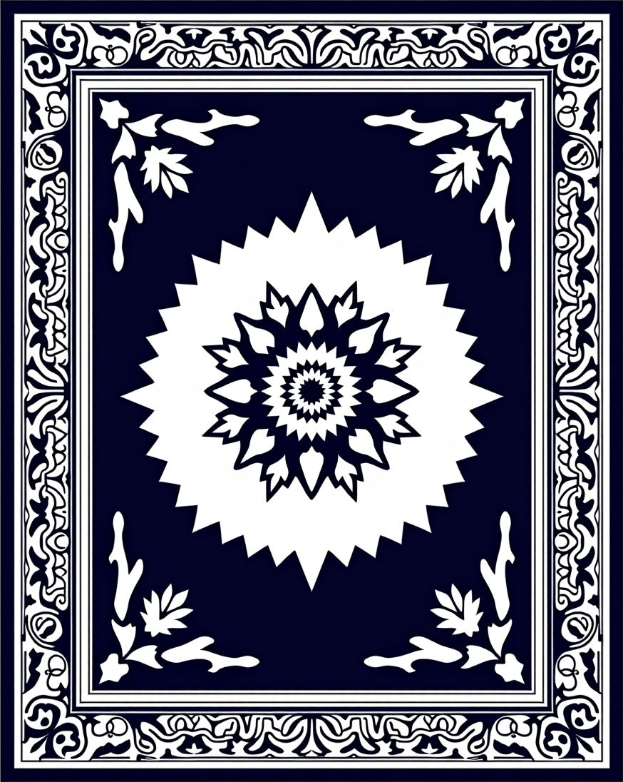 Deep Navy White Geometric Sunburst Rug