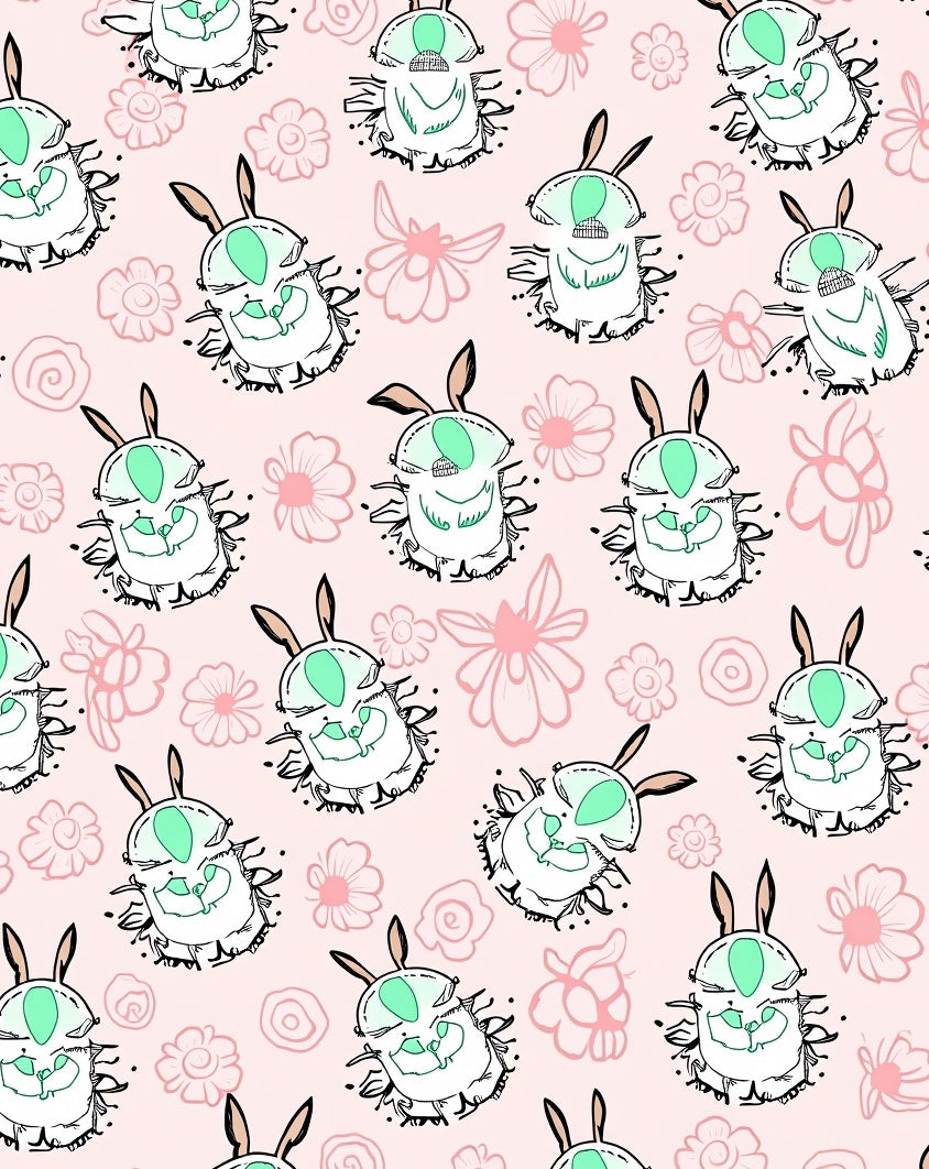 Pink Floral And Bunny Insect Motif Rug