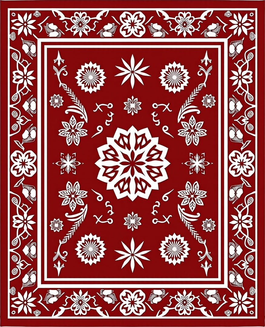 Deep Red White Floral Medallion Border Rug