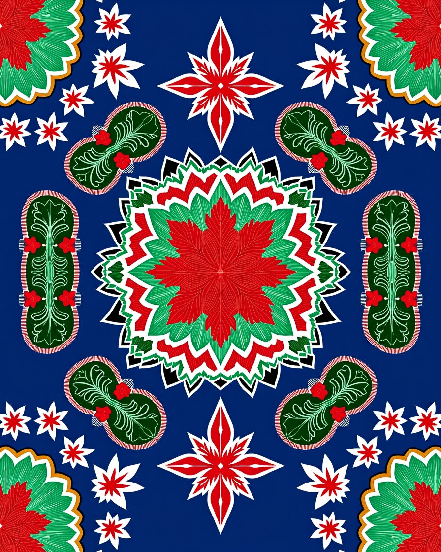 Vibrant Red Green Folk Art Medallion Rug