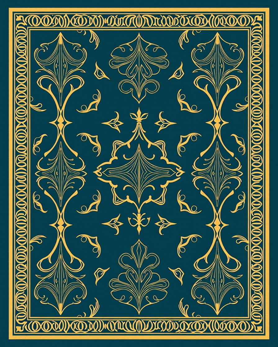 Gold Teal Victorian Scrollwork Rug
