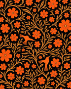 Vibrant Orange Bird Floral Scroll Rug
