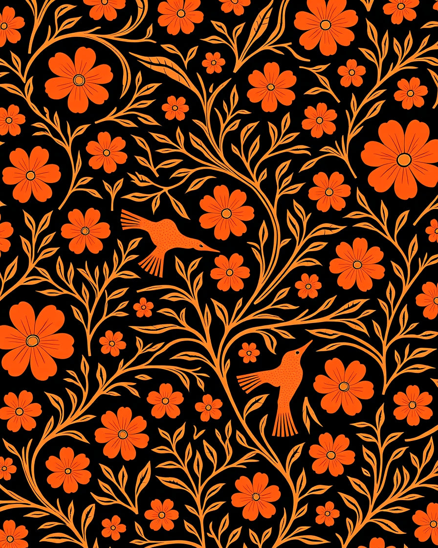 Vibrant Orange Bird Floral Scroll Rug