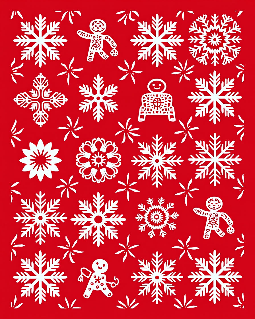 Red White Snowflakes Gingerbread Men Festive Rug