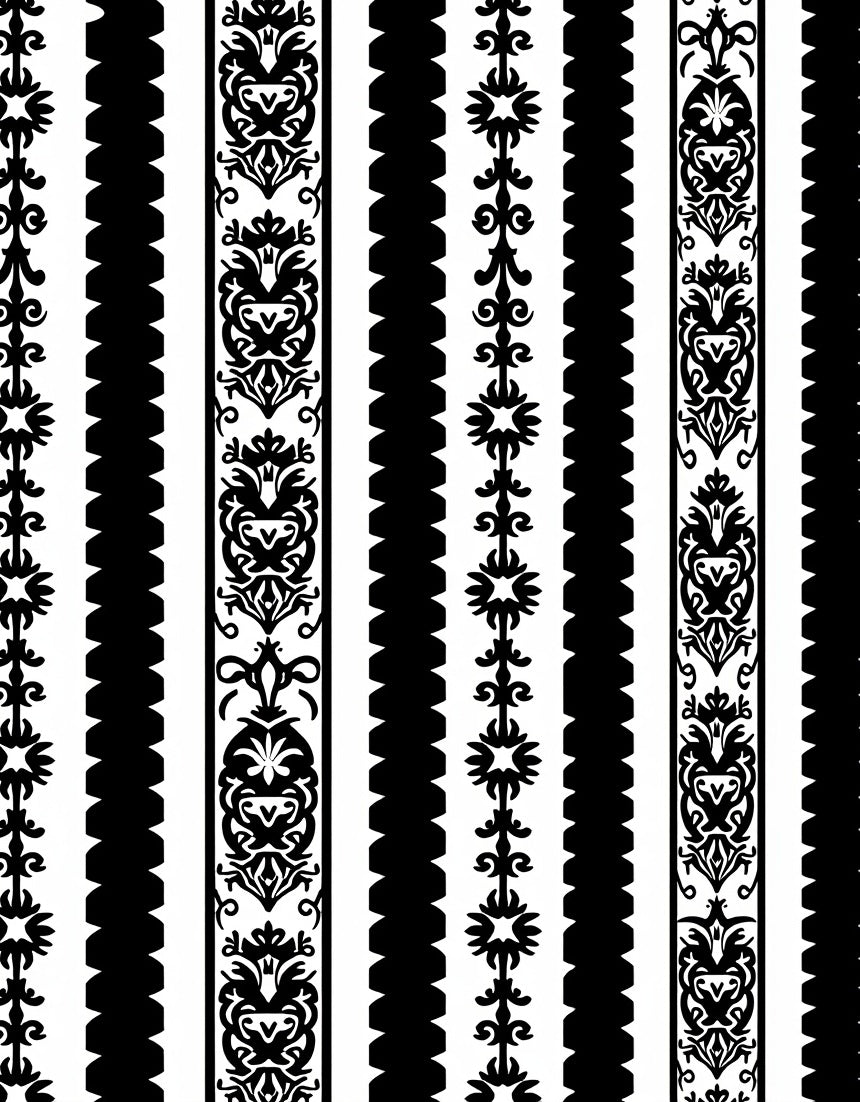 Black White Ornate Stripe Rug