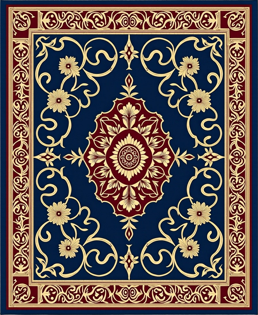Royal Blue Burgundy Floral Medallion Border Rug
