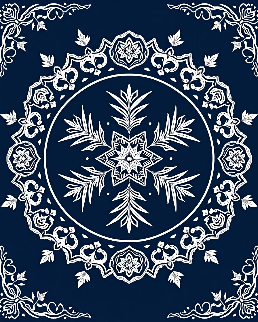 Navy Blue White Mandala Star Rug