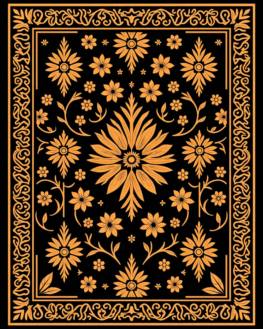 Golden Floral Medallion Black Graphic Rug