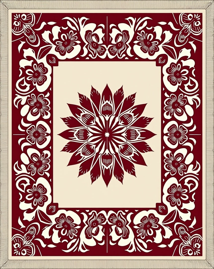 Ornate Crimson Petal Frame Rug