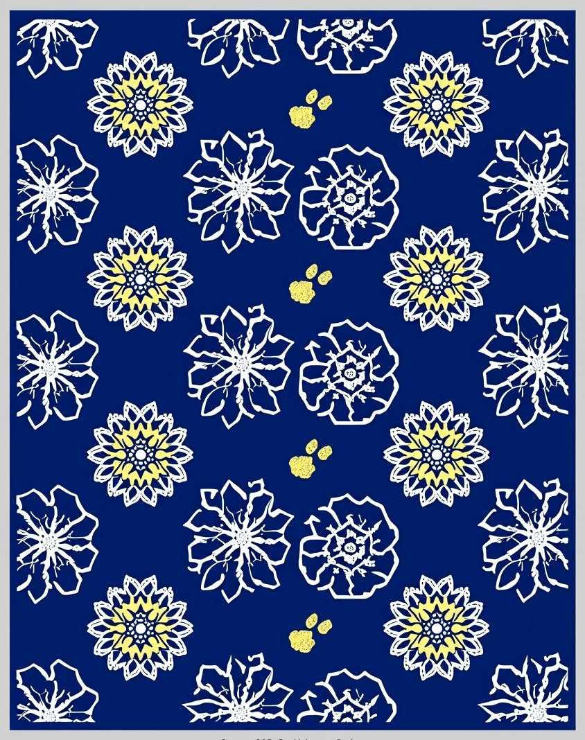 Navy Blue Floral Medallion Yellow Accents Rug