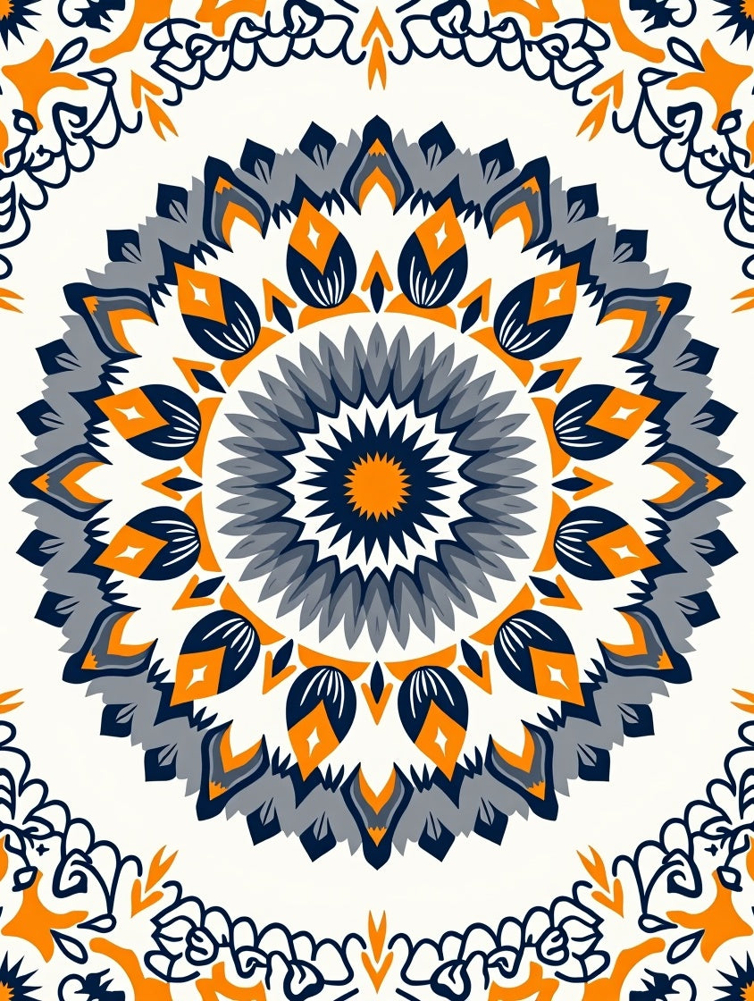 Orange Navy Gray Floral Medallion Rug
