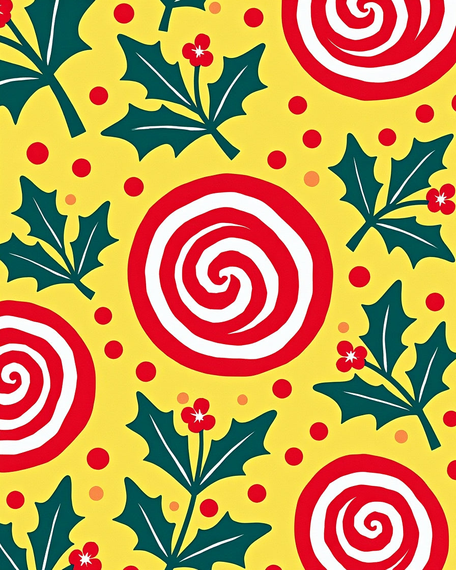 Festive Yellow Holly Swirls Polka Dots Rug