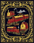 Vintage Red Gold Train Scene Rug