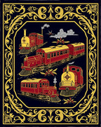 Vintage Red Gold Train Scene Rug