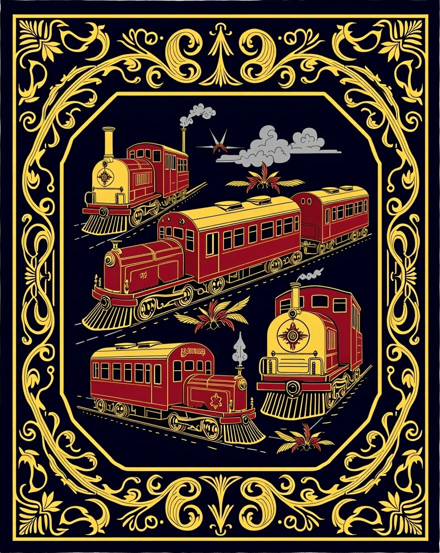 Vintage Red Gold Train Scene Rug