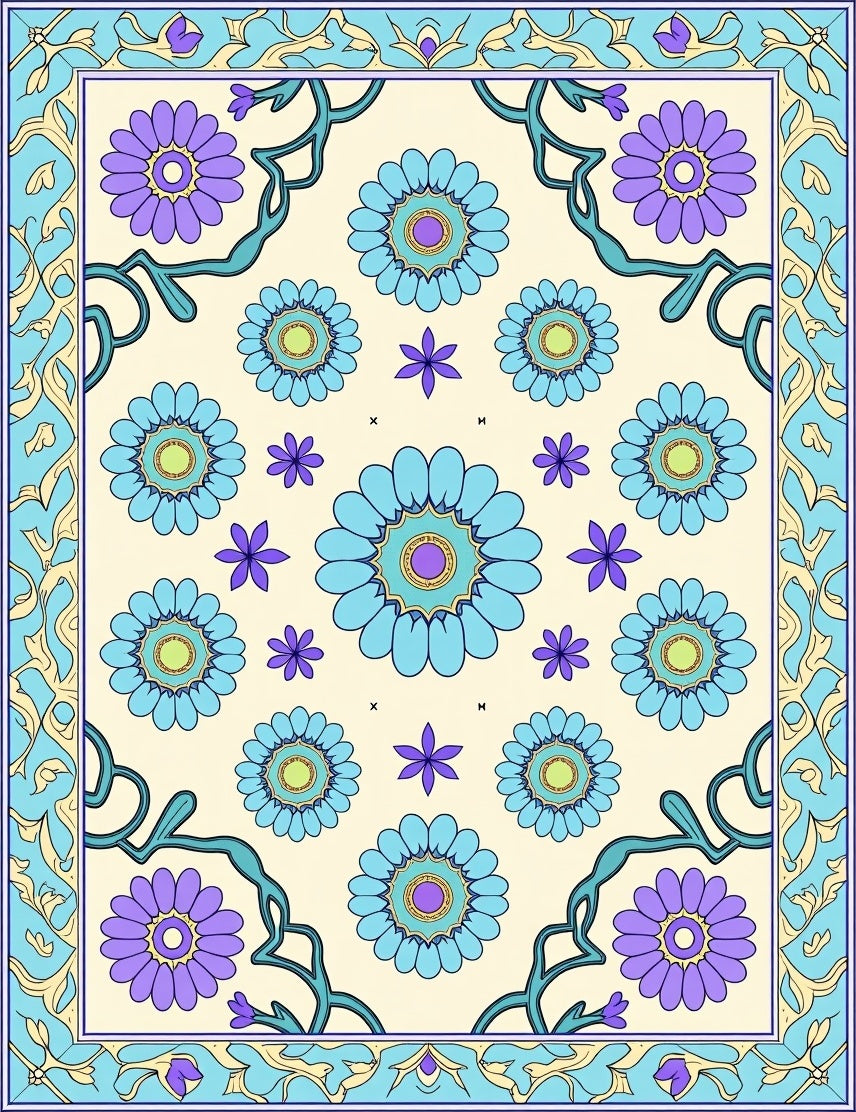Sky Blue Floral Medallion Border Rug