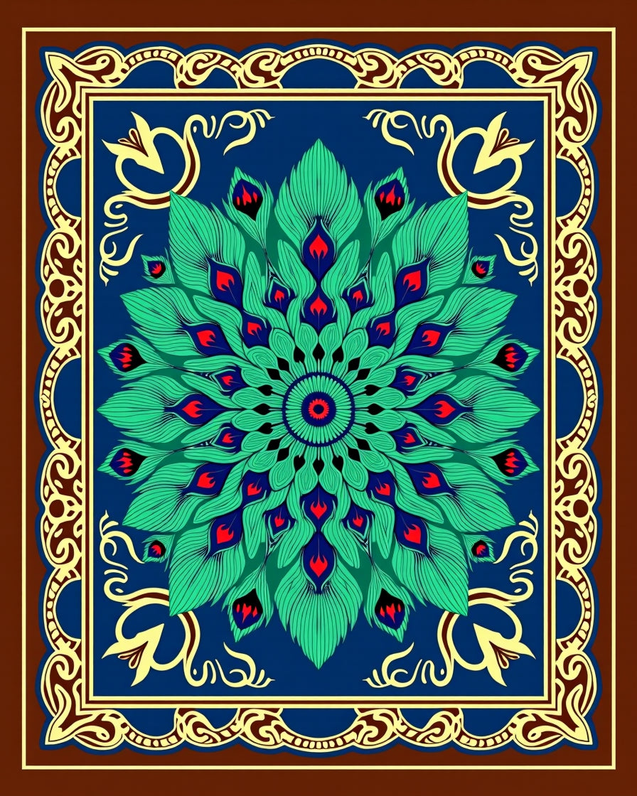 Emerald Peacock Feather Mandala Rug