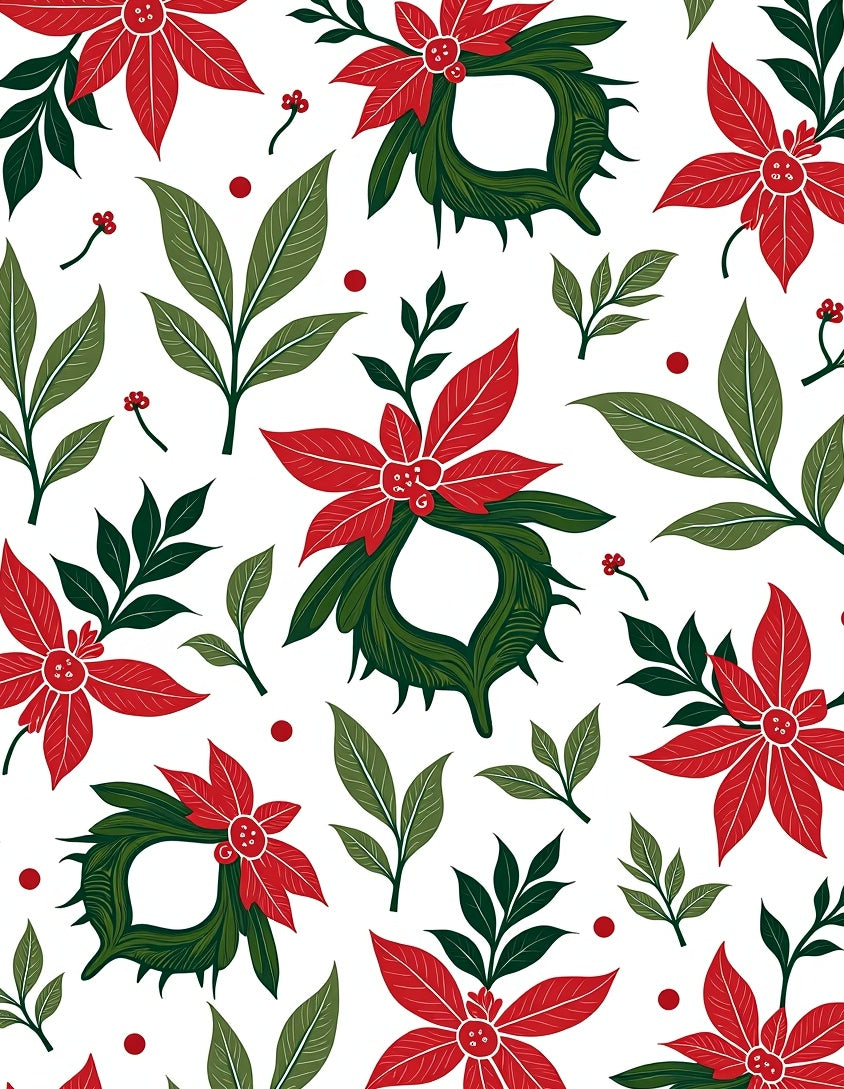 Red Green Poinsettia Leaf Wreath Rug
