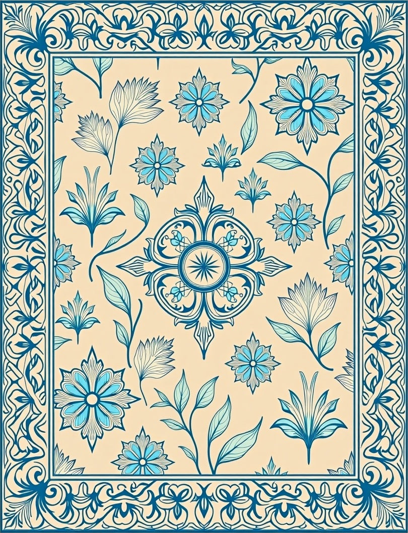 Aesthetic Blue Floral Medallion Border Rug