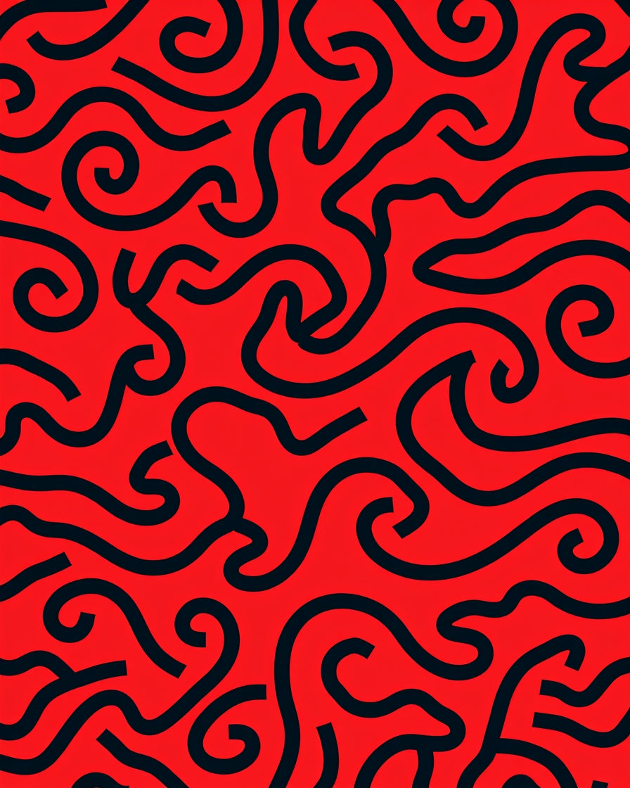 Bold Red Swirling Line Art Rug