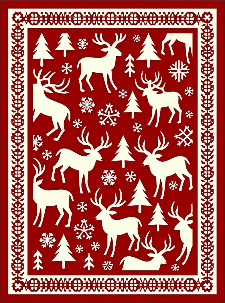 Cream Deer and Pine Tree Christmas Rug