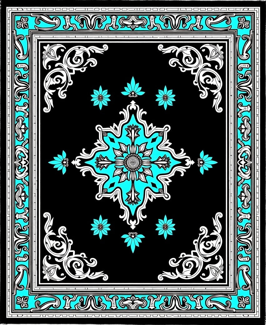 Turquoise Floral Medallion Black Rug