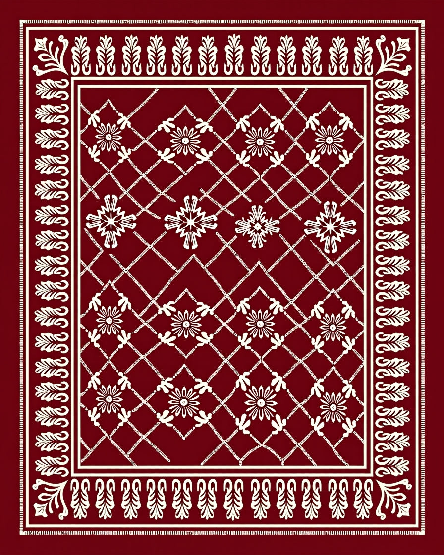 Crimson Floral Lattice Border Rug