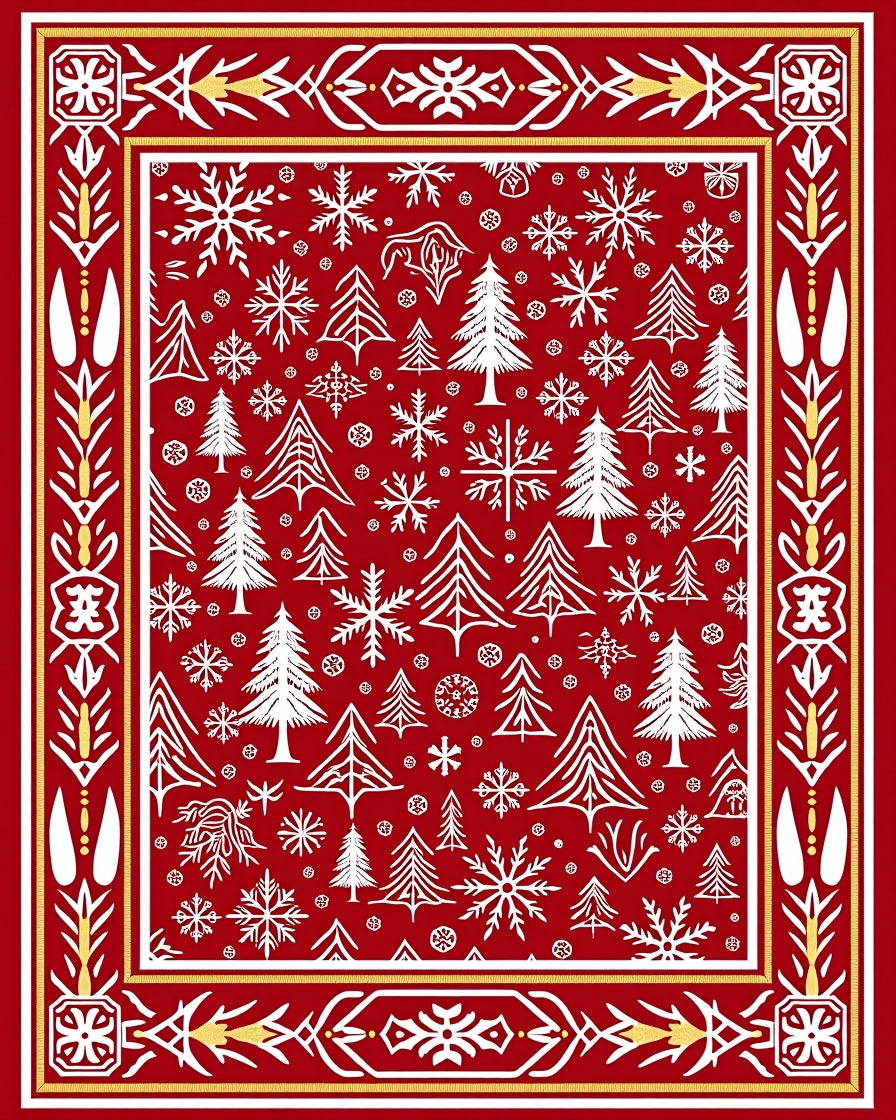 Crimson Snowflakes Pine Trees Border Rug