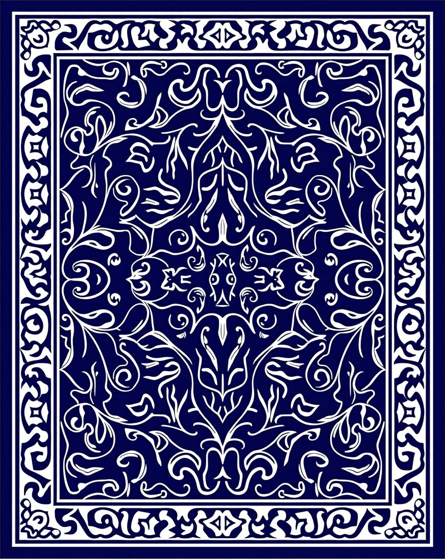 Deep Blue White Symmetrical Floral Scroll Rug