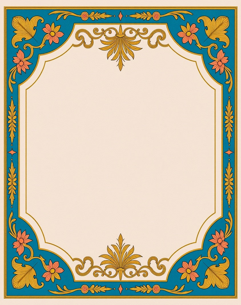 Teal Coral Gold Floral Medallion Border Rug