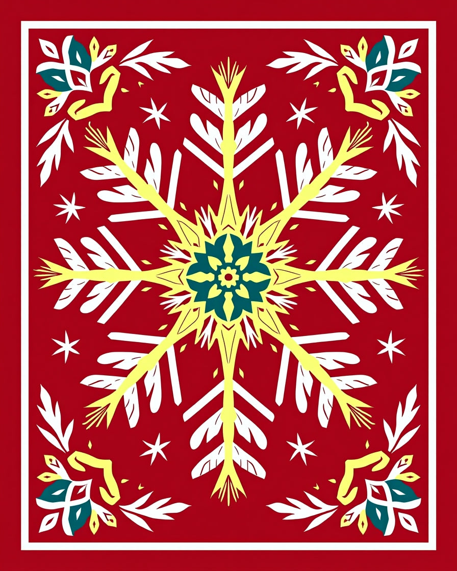 Red Yellow Snowflake Floral Sunburst Rug