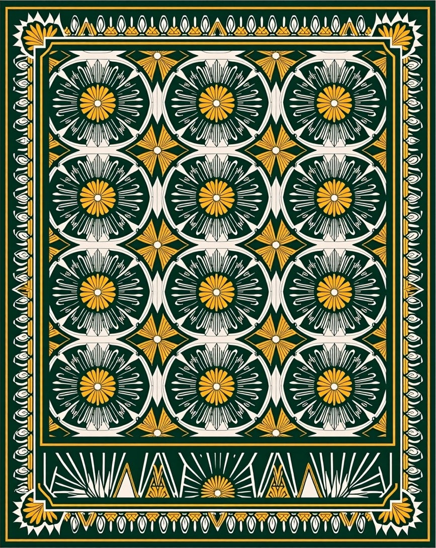 Deep Green Gold Sunburst Circles Rug