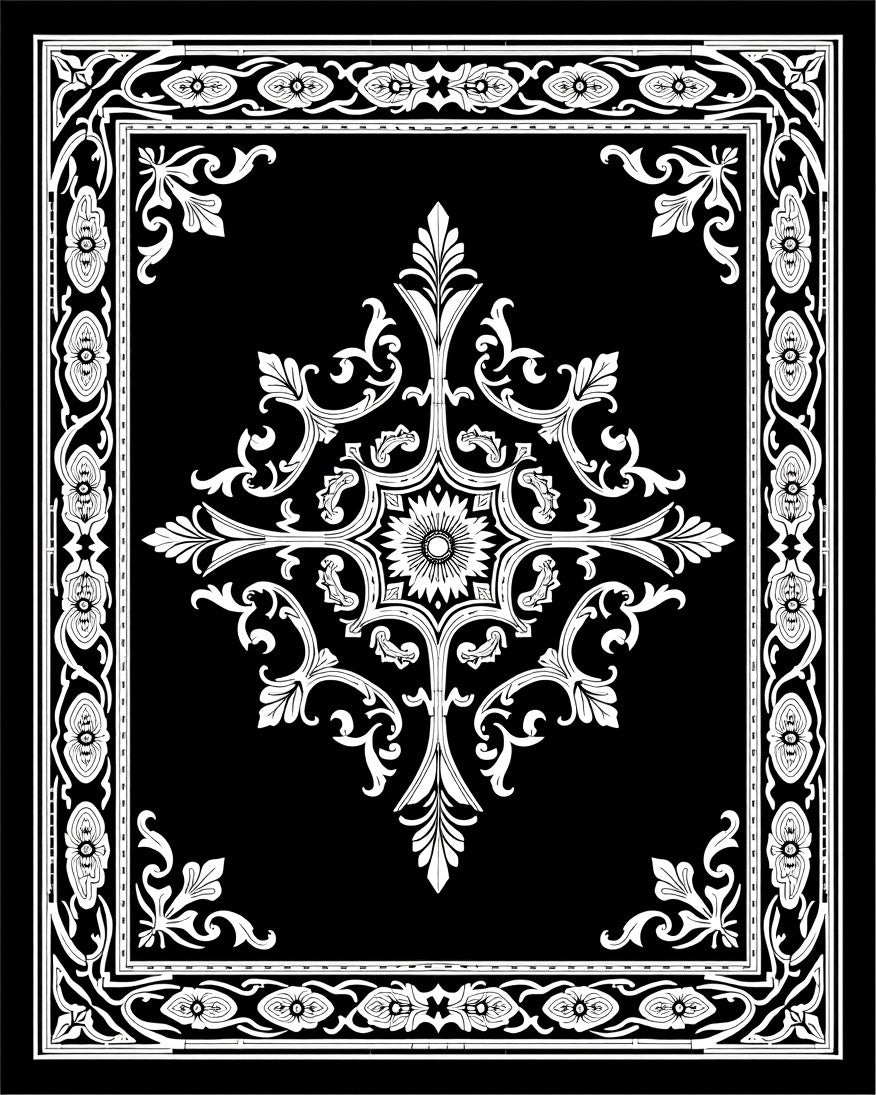Ornate Black White Floral Medallion Rug
