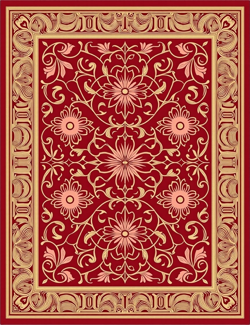 Crimson Floral Scrollwork Rug