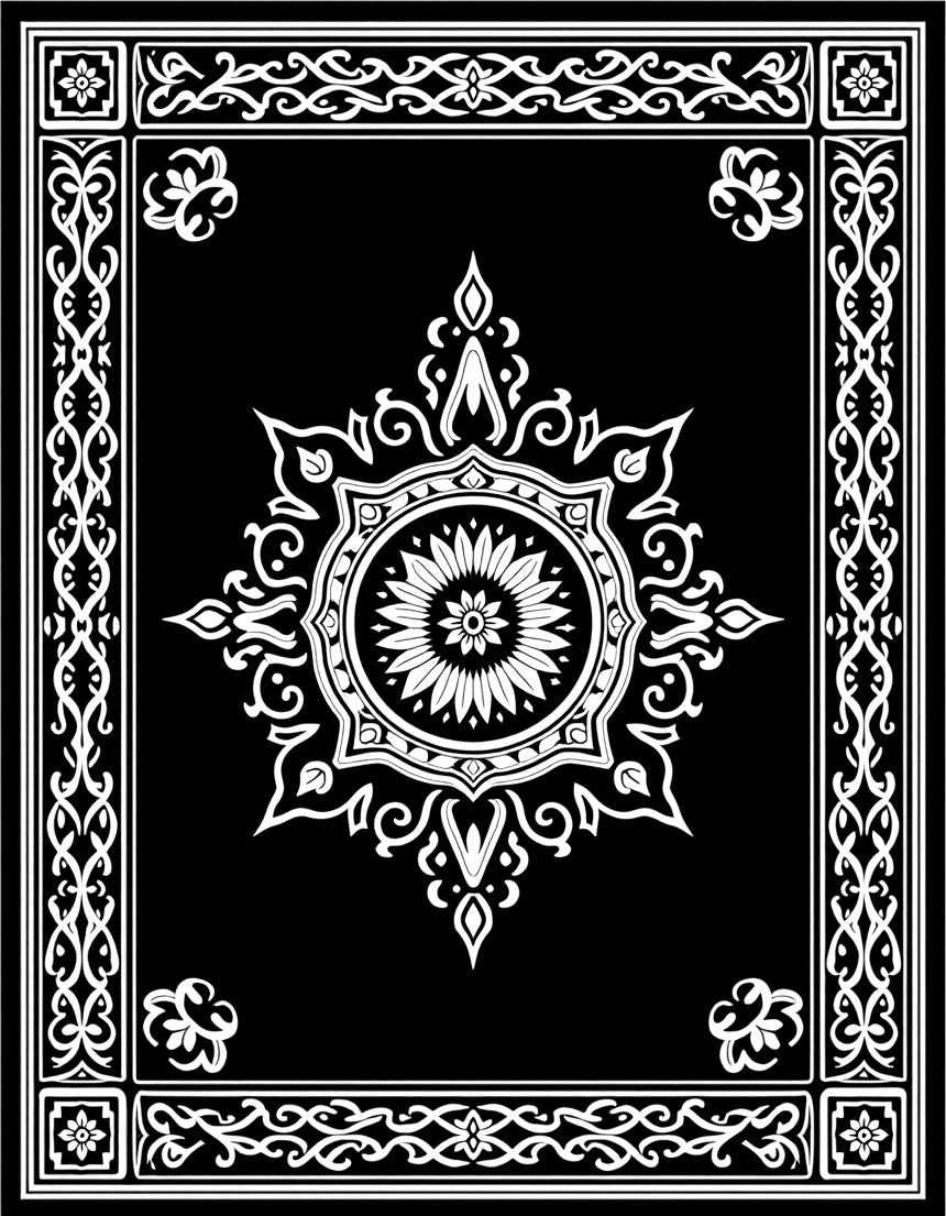 Black White Ornate Floral Medallion Frame Rug