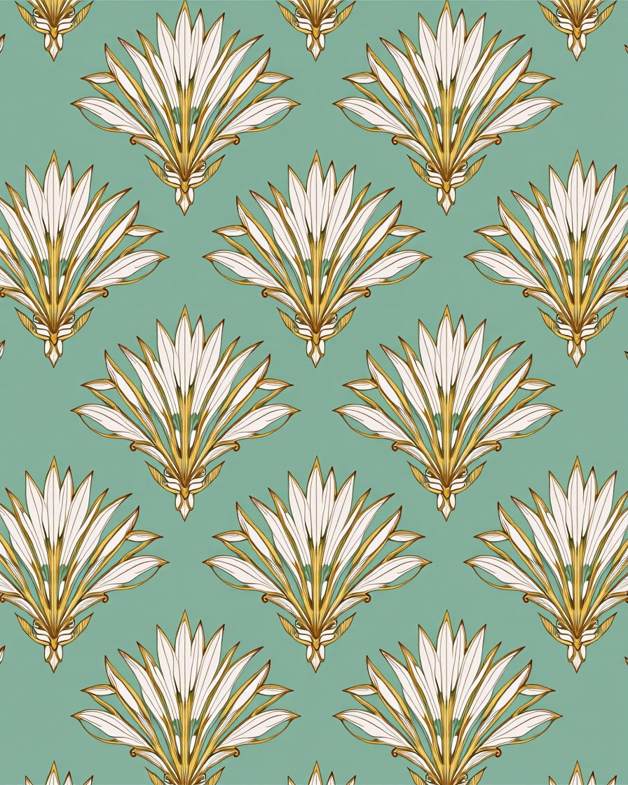 Art Deco Teal White Golden Fan Rug