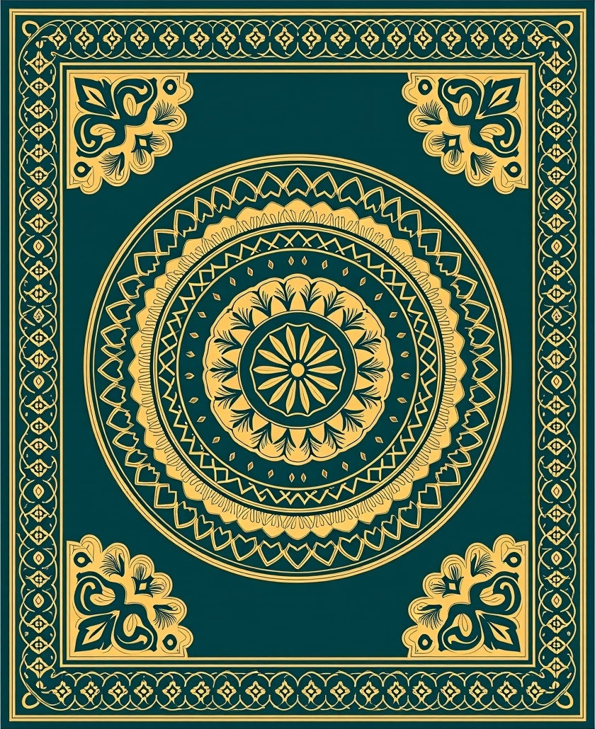 Golden Teal Mandala Ornamental Frame Rug