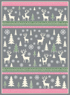Winter Forest Deer Snowflakes Pink Green Rug